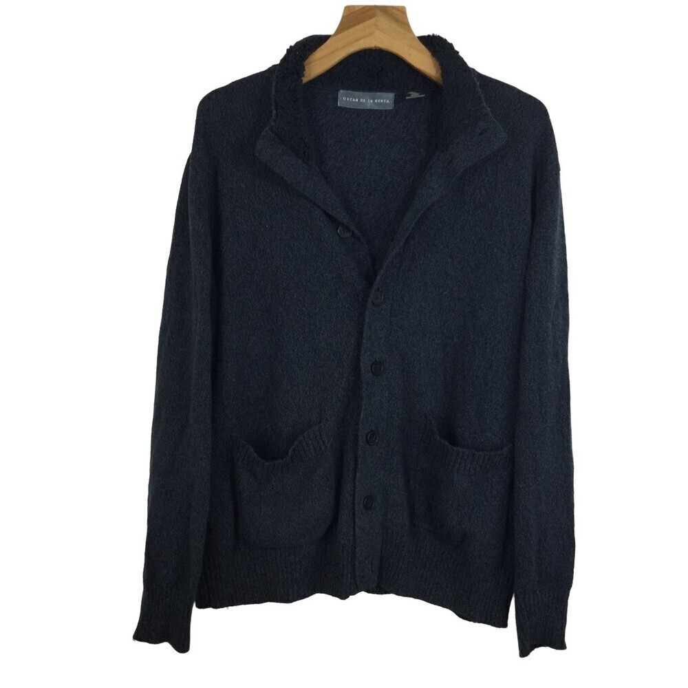 Oscar De La Renta Mens Button Down Faux Fur Collar Sweater Blue Size XL